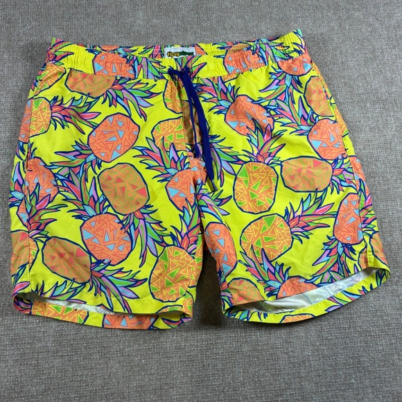 Tipsy Elves Other - Tipsy Elves Mens Pineapple Print‎ Swim Trunks Neon Yellow Blue Size Medium